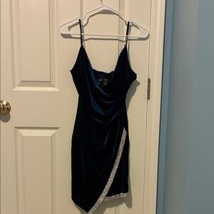 Windsor Navy Blue Velvet Mini Dress with Silver Trim